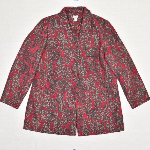 Chico's Women Button Blazer Jacket Floral Rayon Red Size 2 US Size 12/14 Pockets - Picture 1 of 8